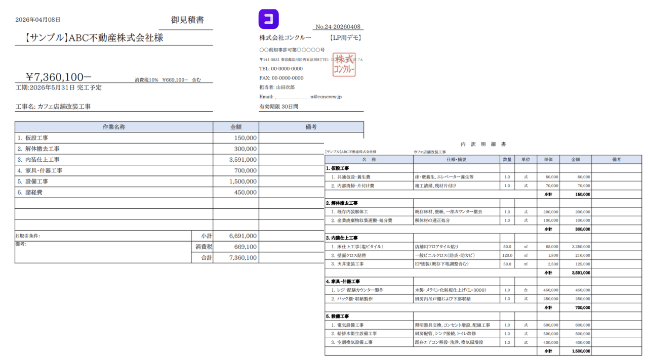 見積書のPDF出力イメージ。大項目・明細を備えた標準テンプレートでレイアウトされた状態