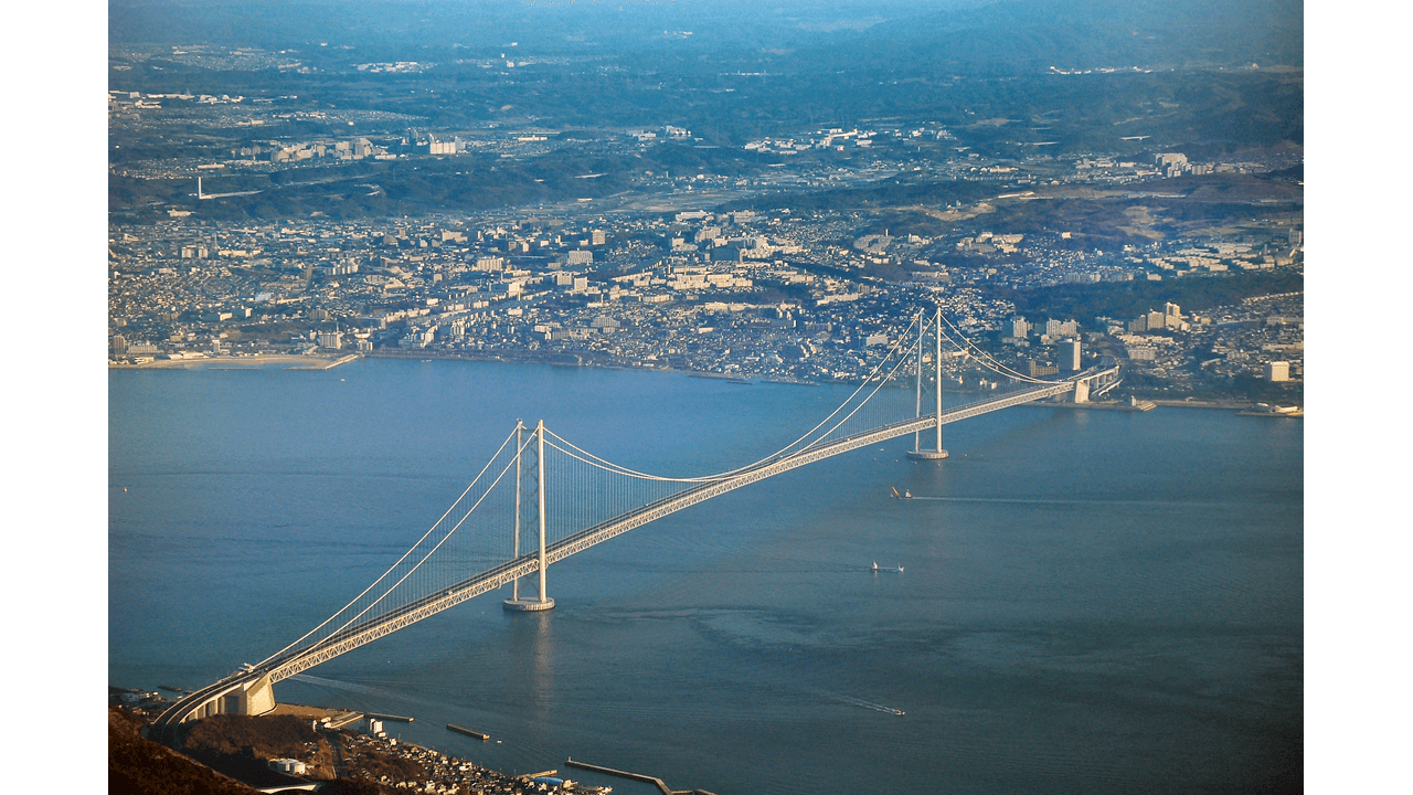 明石海峡大橋。中央支間1,991mは四半世紀にわたり世界最長(パブリックドメイン)