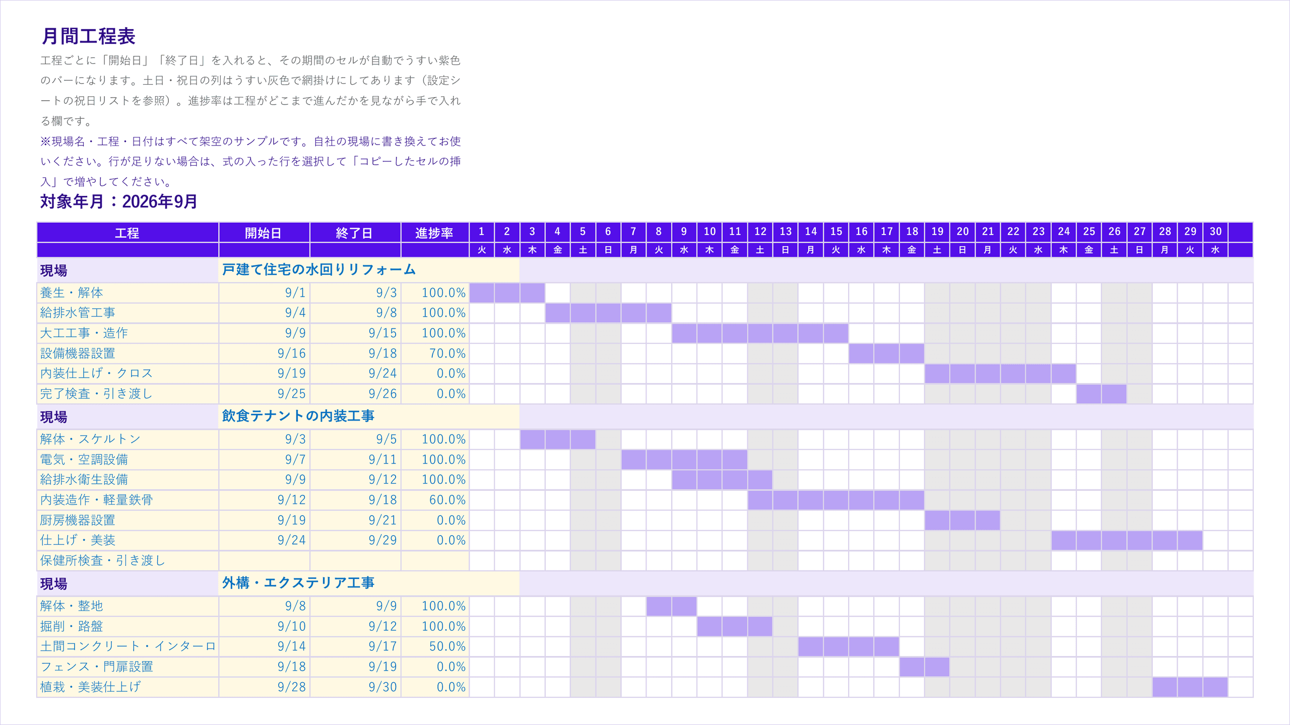 工程表テンプレートの月間工程表シート(現場ごとに工程のバーが自動で伸びる画面)