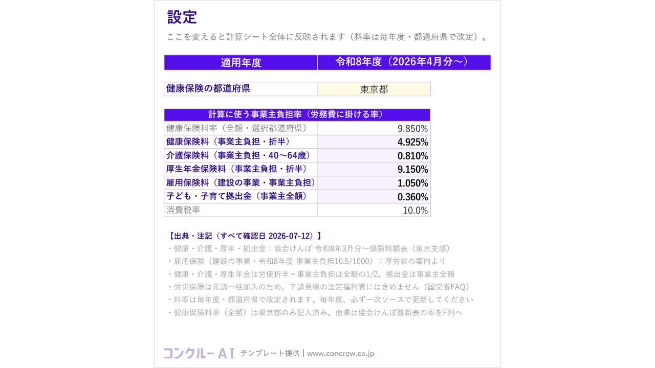 設定シート(年度・都道府県・料率を一元管理)