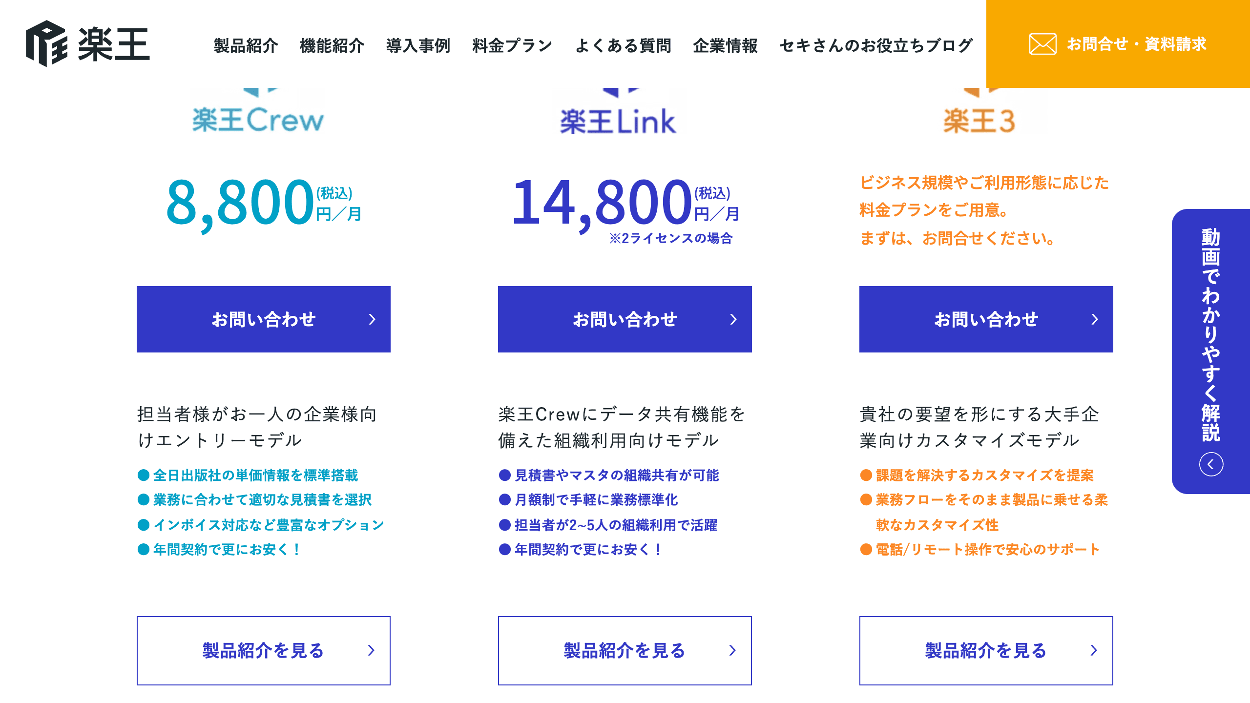 楽王シリーズの料金プランの画面。楽王Crew・楽王Link・楽王3のロゴ、Crewの月額8,800円税込と担当者1人向けの説明、Linkの月額14,800円税込と2ライセンスの場合の注記・担当者2〜5人の組織利用向けの説明、楽王3の個別問い合わせと大手企業向けカスタマイズモデルの案内