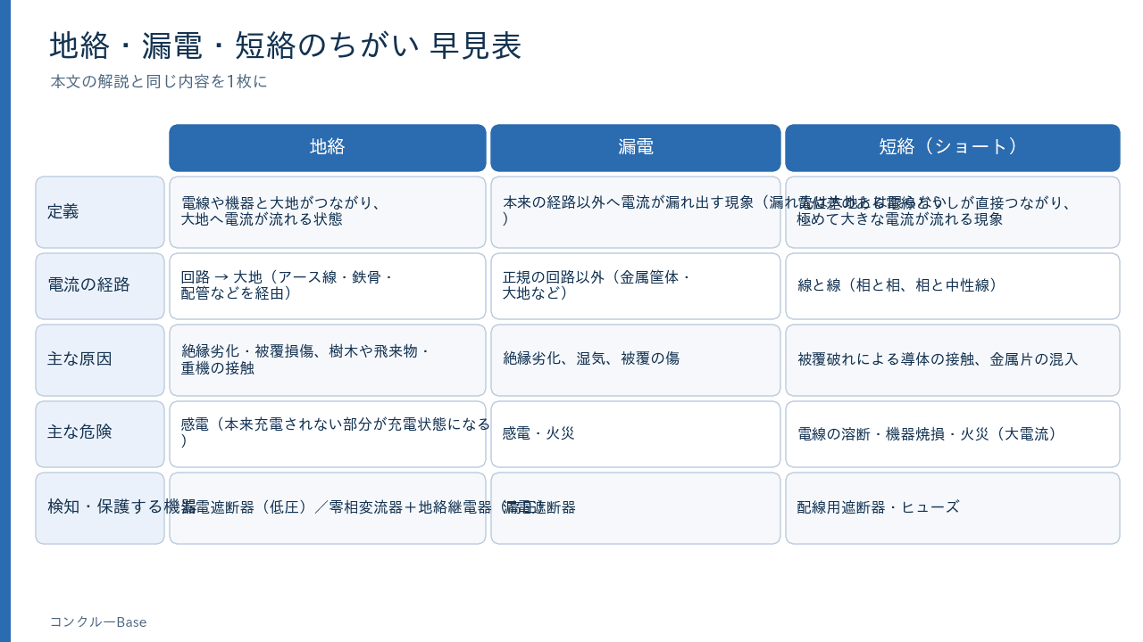 地絡・漏電・短絡のちがい早見表
