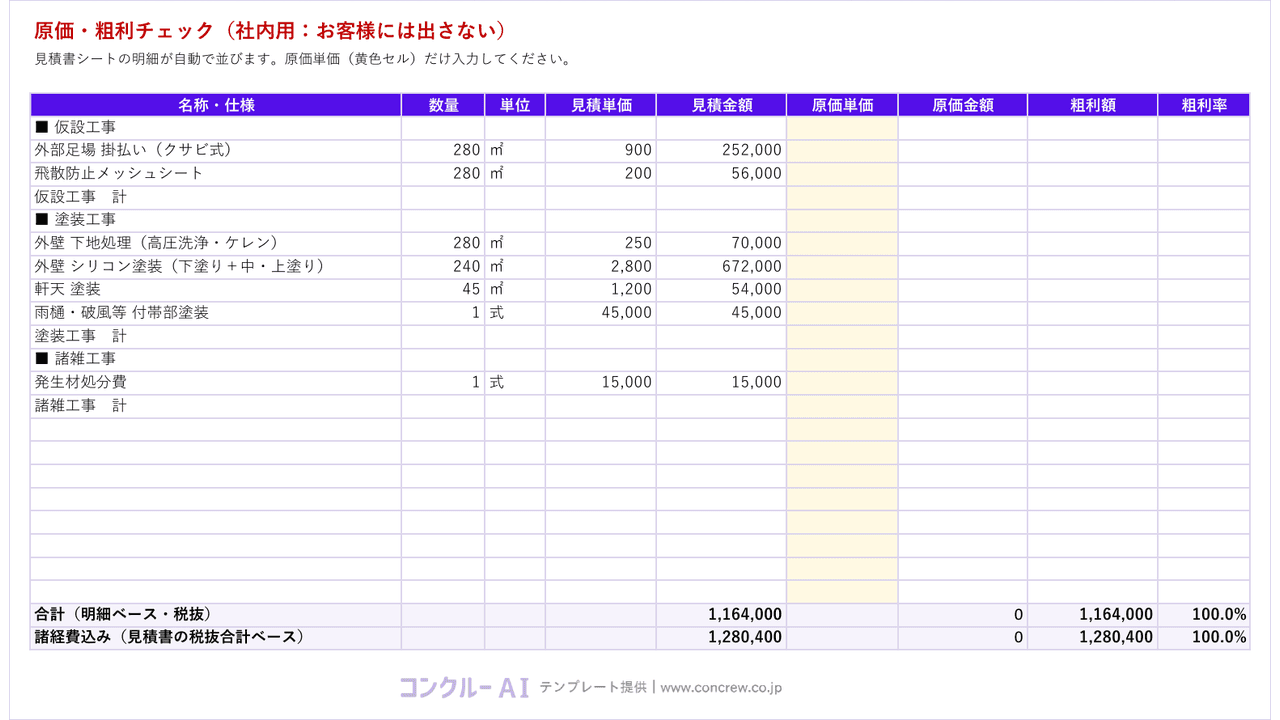 原価・粗利シートの例。見積明細に原価単価を入れると粗利額と粗利率が自動表示される