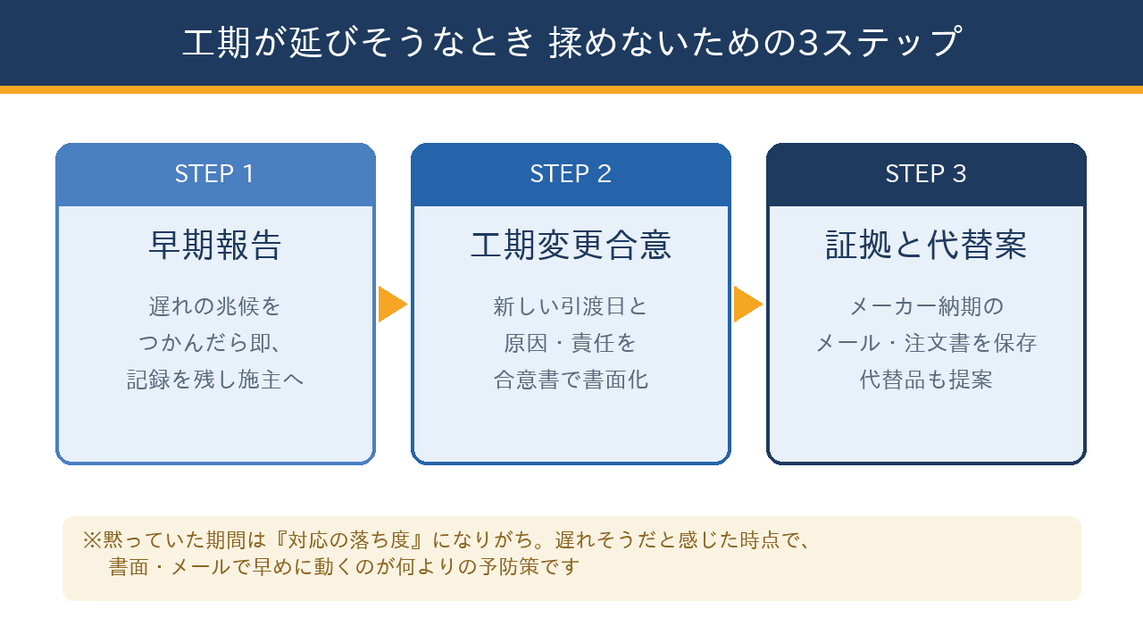 工期が延びそうなときに揉めないための3ステップ(早期報告・工期変更合意・証拠と代替案)を左から右に示したフロー図