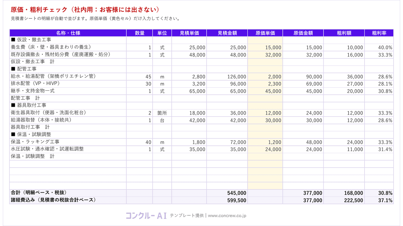 原価・粗利シート(社内用)
