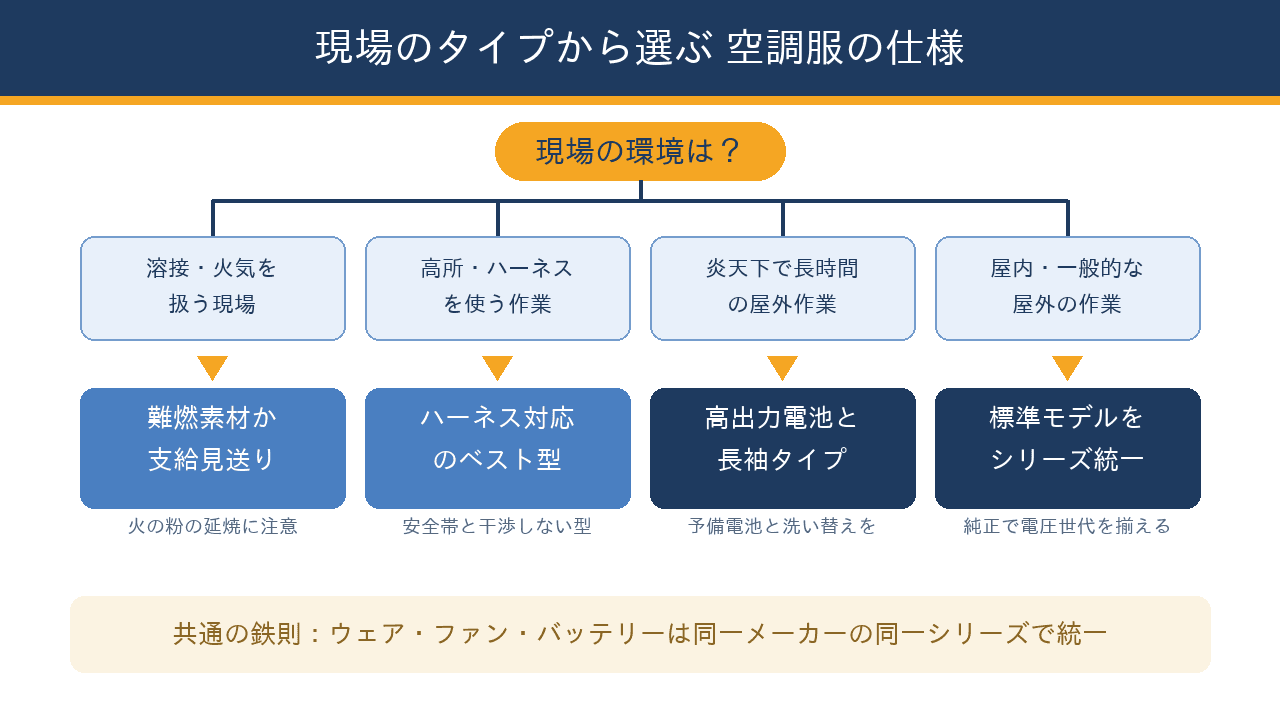 現場のタイプ(溶接・火気、高所ハーネス、炎天下の長時間、一般作業)ごとに選ぶべき空調服の仕様を示すフローチャート