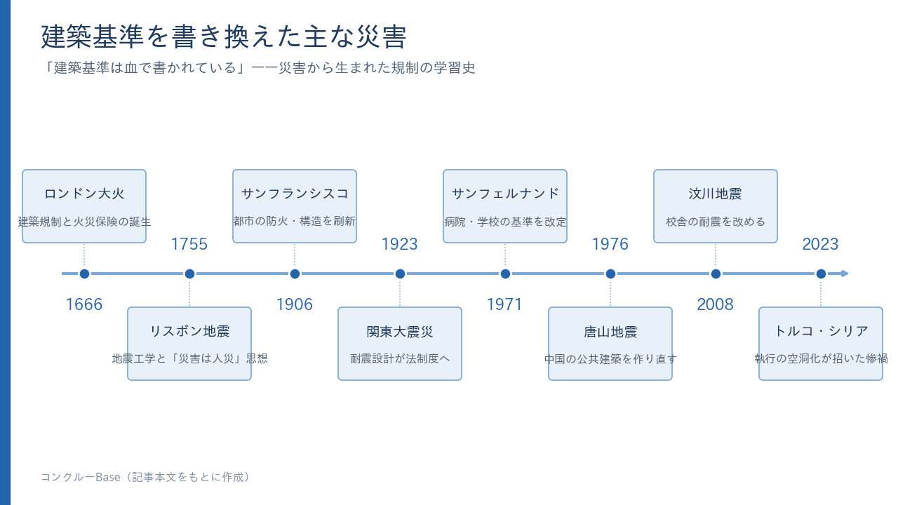 建築基準を書き換えた主な災害の年表。ロンドン大火・リスボン地震から関東大震災・トルコ・シリア地震まで