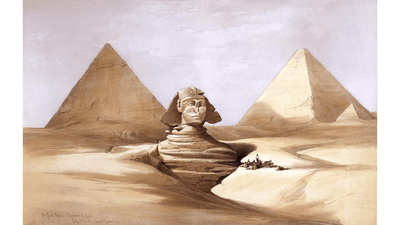ギザのピラミッドとスフィンクス(デイヴィッド・ロバーツ画、1839年)(パブリックドメイン)