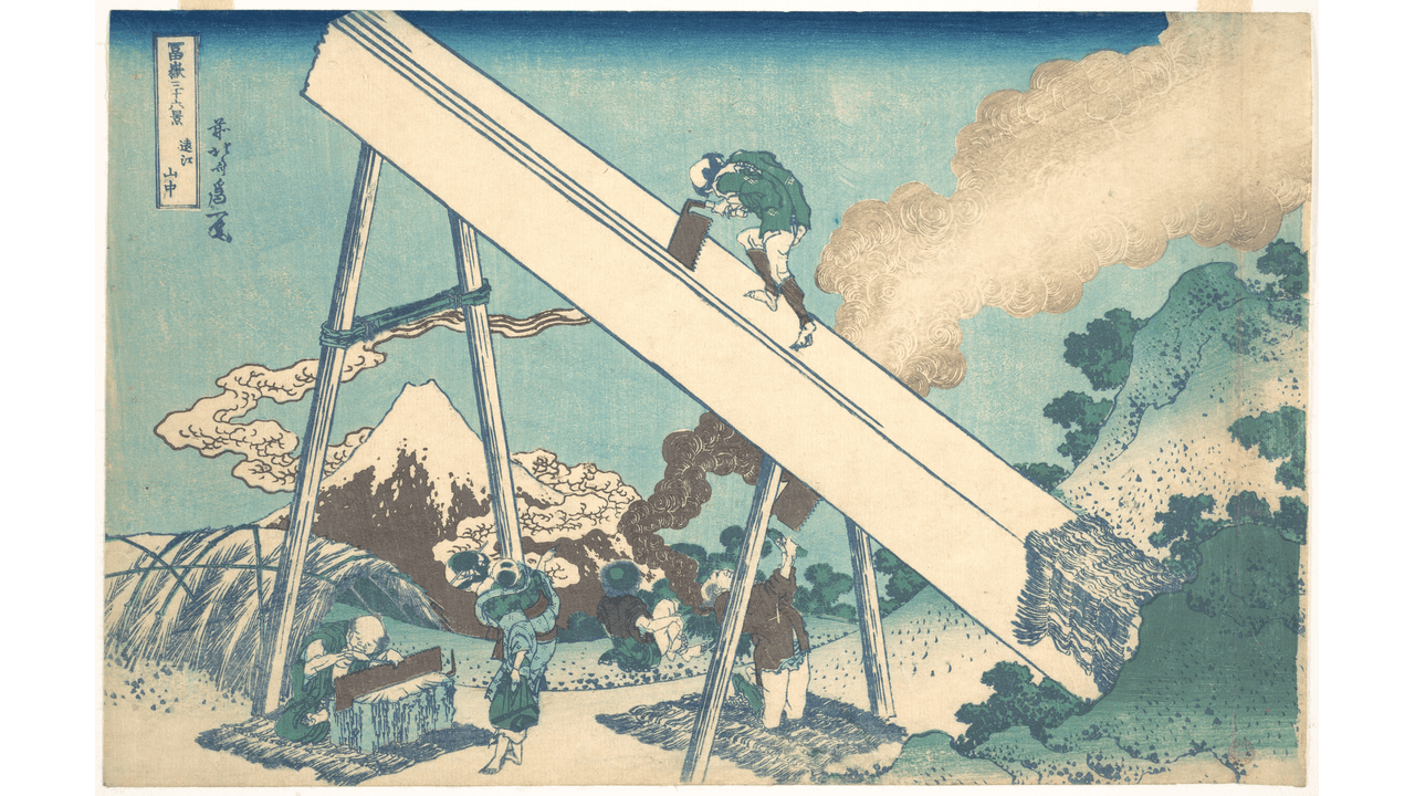 葛飾北斎『冨嶽三十六景 遠江山中』の木挽き職人(メトロポリタン美術館蔵/CC0)