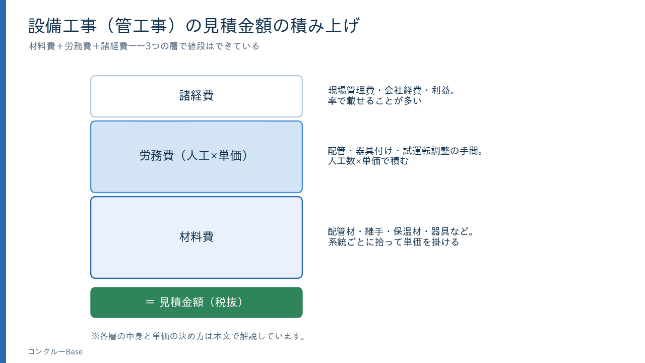 設備工事の見積金額の積み上げ(材料費+労務費+諸経費)