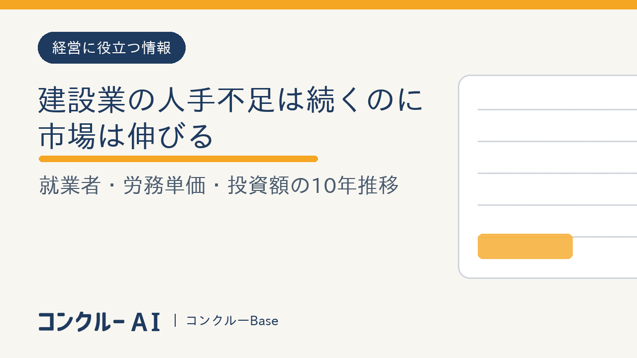 建設業の人手不足は続くのに市場は伸びる|就業者・労務単価・投資額の10年推移