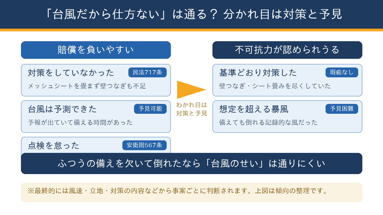 台風で足場が倒れたとき、賠償を負いやすいケースと不可抗力が認められうるケースを、対策の有無と予見可能性で対比した整理図