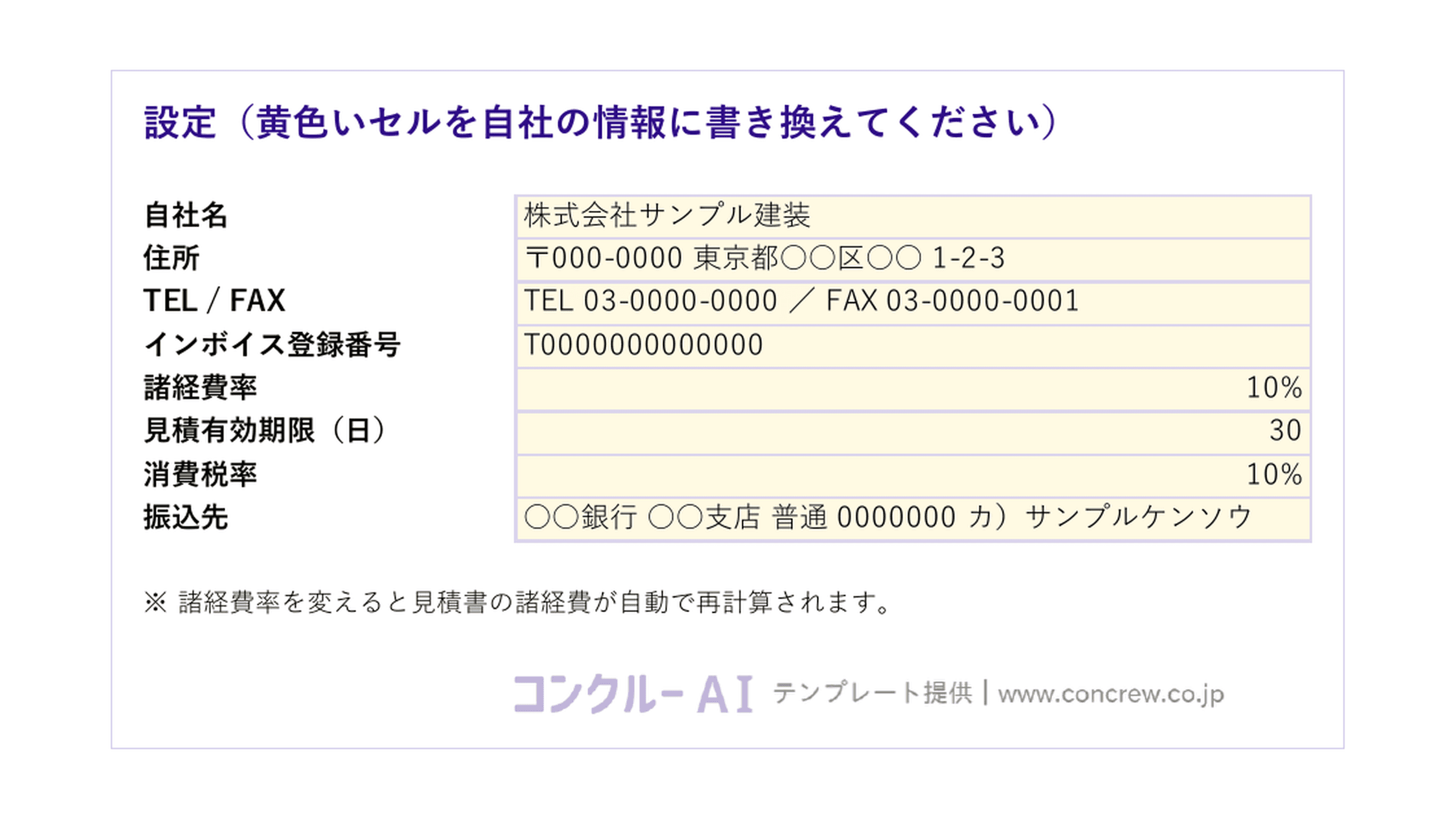 設定シートの例。自社名・住所・登録番号・諸経費率・振込先を入力する