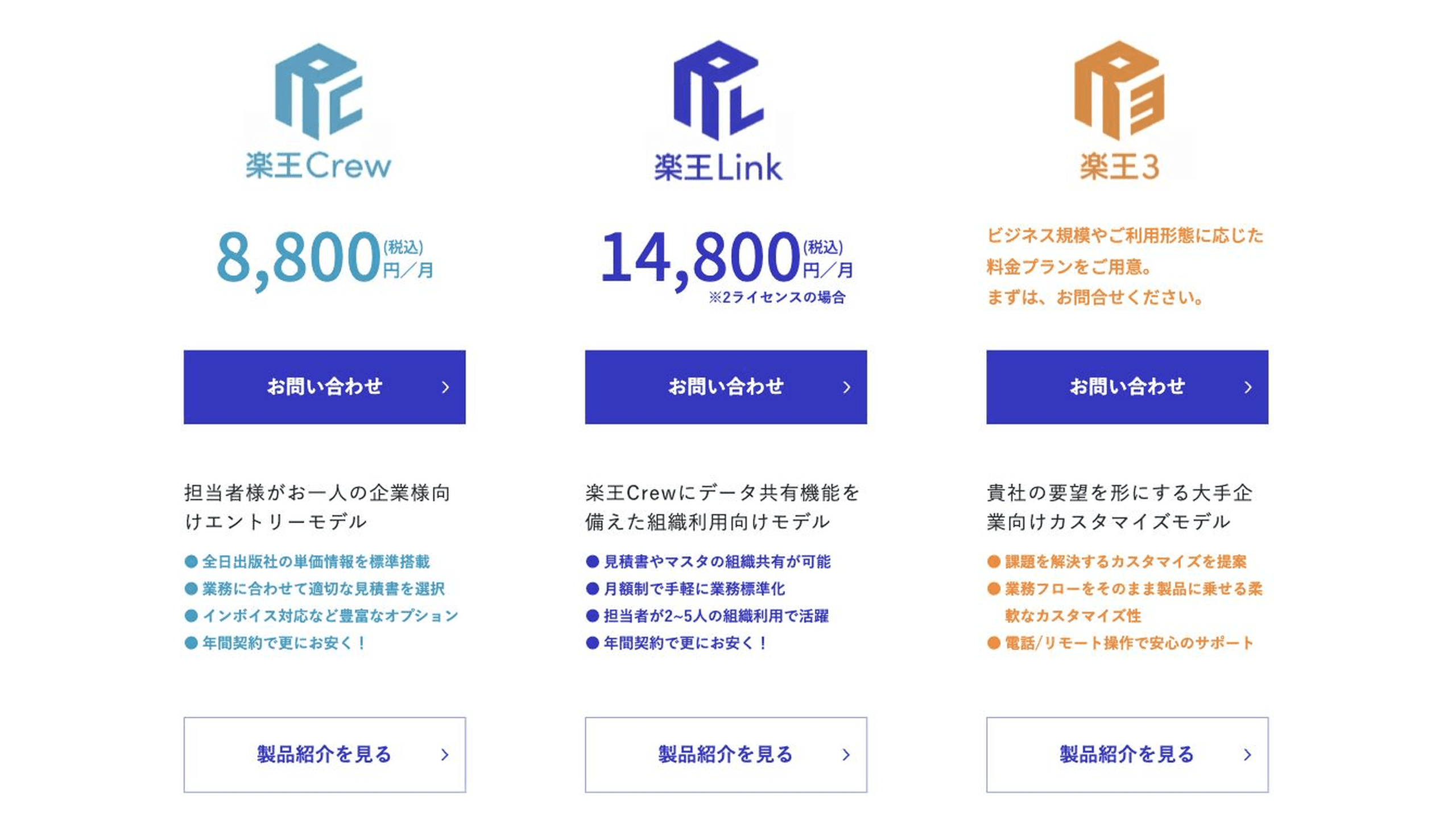 楽王Crew・楽王Link・楽王3の料金表を示す公式ページ
