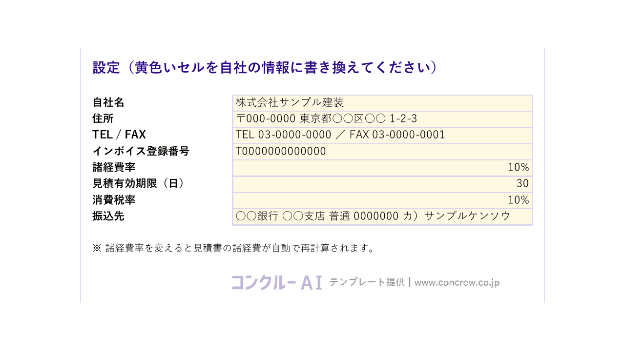設定シートの例。自社名・住所・登録番号・諸経費率・振込先を入力する