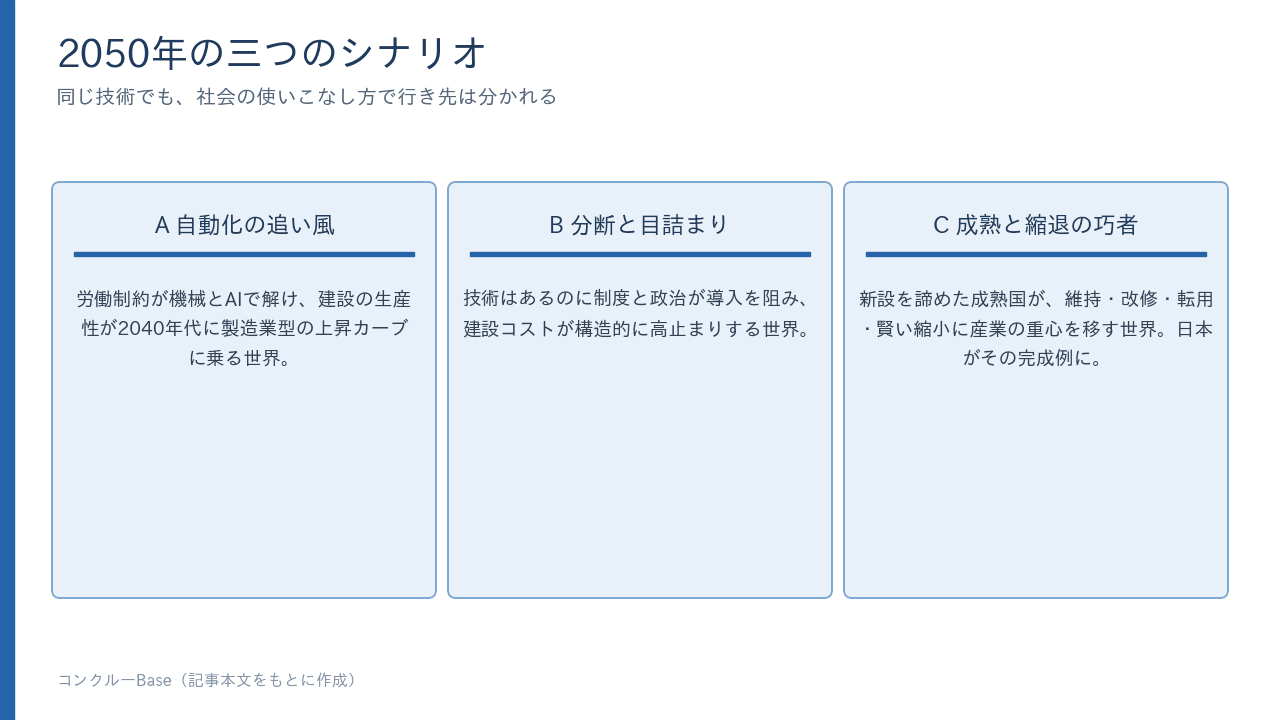 2050年に向けた三つのシナリオA・B・C(記事本文をもとに作成)